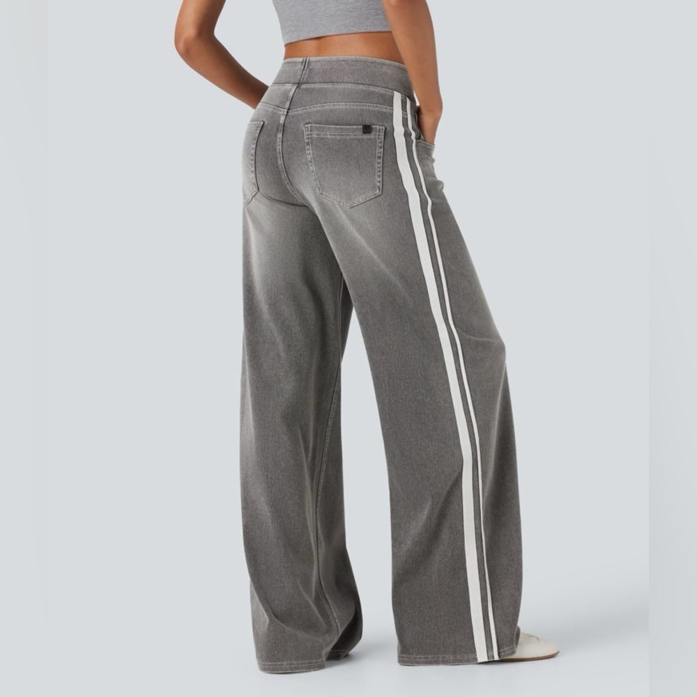 Halara Flex High Waisted Stripe Wide Leg Flowy Washed Jeans Pockets cool gray